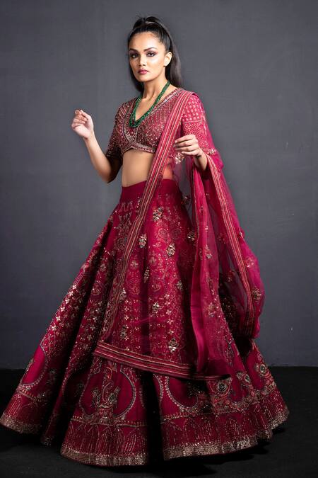 Shop Neha & Tarun Purple Raw Silk V Neck Hand Embroidered Bridal Lehenga Set Online at Aza Fashions Shop_Neha & Tarun_Purple Raw Silk V Neck Hand Embroidered Bridal Lehenga Set _Online_at_Aza_Fashions