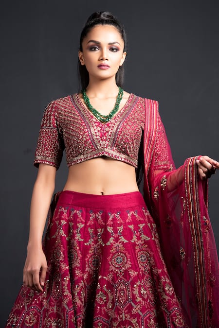 Neha & Tarun Purple Raw Silk V Neck Hand Embroidered Bridal Lehenga Set at Aza Fashions Neha & Tarun_Purple Raw Silk V Neck Hand Embroidered Bridal Lehenga Set _at_Aza_Fashions