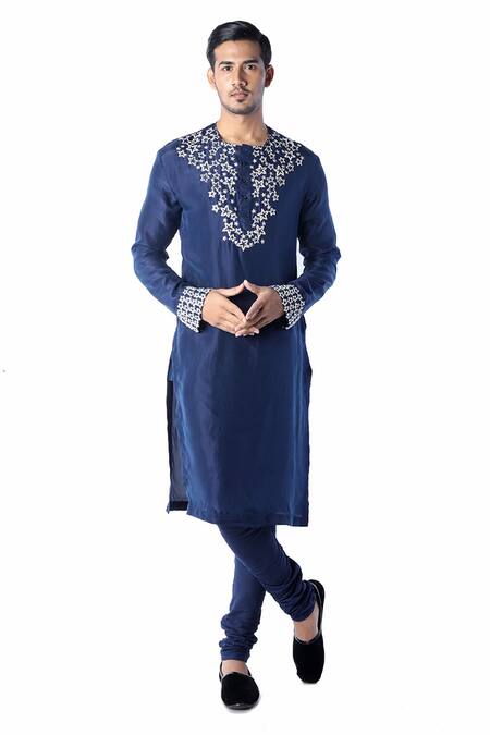 Debarun_Blue Habutai Silk Embroidered Kurta Set  _Online_at_Aza_Fashions
