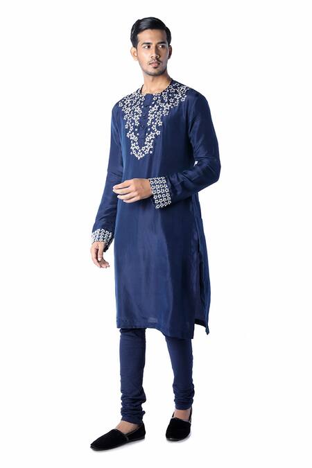 Buy_Debarun_Blue Habutai Silk Embroidered Kurta Set  _Online_at_Aza_Fashions