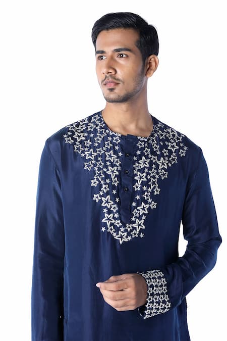 Shop_Debarun_Blue Habutai Silk Embroidered Kurta Set  _Online_at_Aza_Fashions