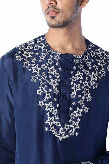 Debarun_Blue Habutai Silk Embroidered Kurta Set  _at_Aza_Fashions