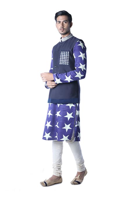 Buy_Debarun_Blue Raw Silk Embroidered Bundi And Kurta Set  _Online_at_Aza_Fashions