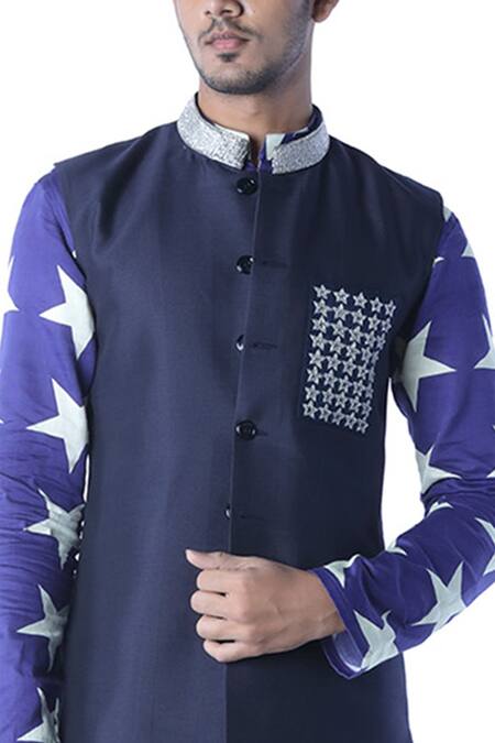 Shop_Debarun_Blue Raw Silk Embroidered Bundi And Kurta Set  _Online_at_Aza_Fashions