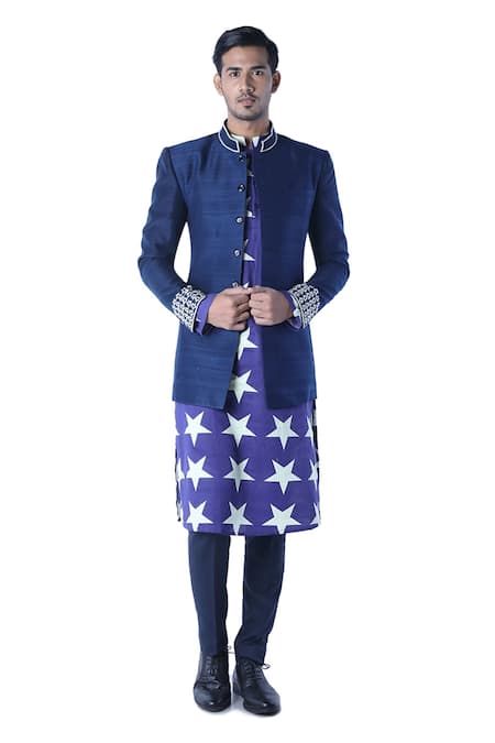 Debarun_Blue Raw Silk Embroidered Jacket And Kurta Set  _Online_at_Aza_Fashions