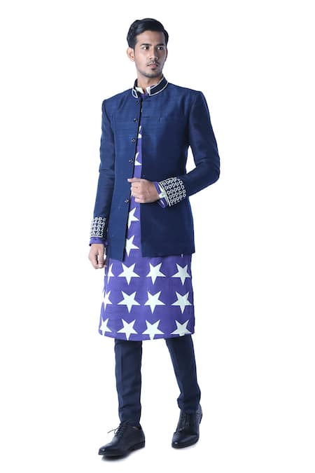 Buy_Debarun_Blue Raw Silk Embroidered Jacket And Kurta Set  _Online_at_Aza_Fashions