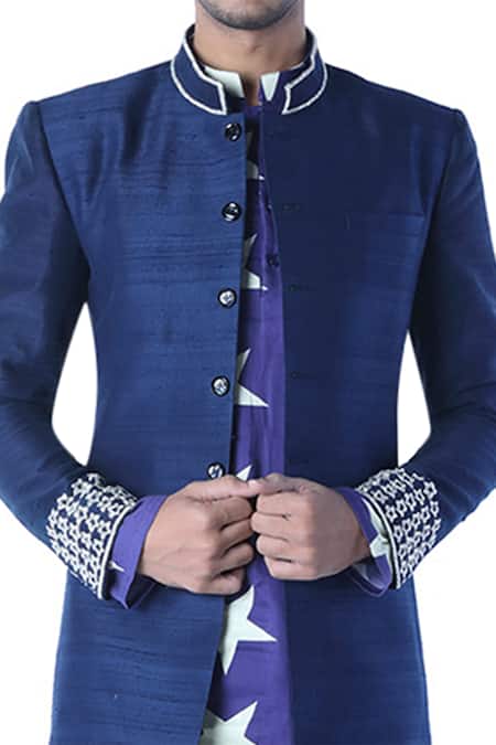 Shop_Debarun_Blue Raw Silk Embroidered Jacket And Kurta Set  _Online_at_Aza_Fashions