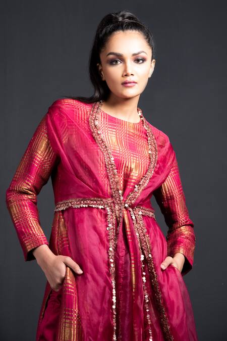 Shop Neha & Tarun Purple Cape Organza, Kurta Banarasi Silk, Pant Modal Cotton Round And Set Online at Aza Fashions Shop_Neha & Tarun_Purple Cape Organza, Kurta Banarasi Silk, Pant Modal Cotton Round And Set _Online_at_Aza_Fashions