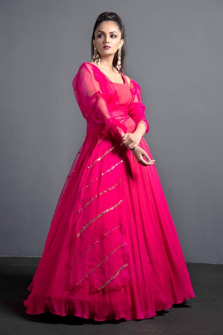 Neha & Tarun Pink Organza, Crepe U Neck Flared Lehenga Set Online at Aza Fashions Neha & Tarun_Pink Organza, Crepe U Neck Flared Lehenga Set _Online_at_Aza_Fashions