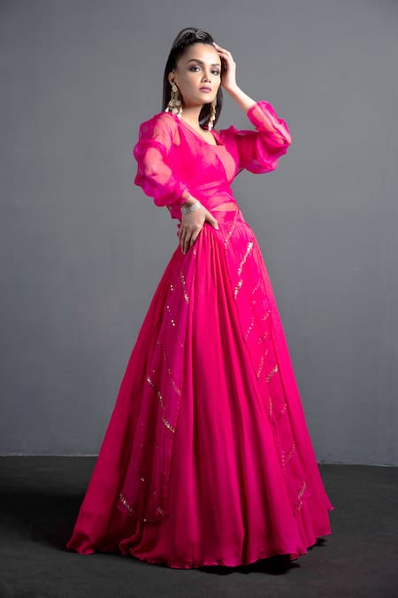 Shop Neha & Tarun Pink Organza, Crepe U Neck Flared Lehenga Set Online at Aza Fashions Shop_Neha & Tarun_Pink Organza, Crepe U Neck Flared Lehenga Set _Online_at_Aza_Fashions