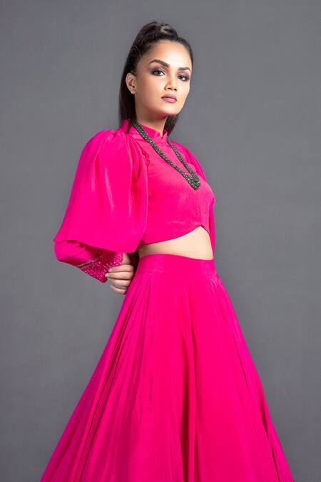 Shop Neha & Tarun Pink Net, Chanderi Silk Mandarin Collar Lehenga Set Online at Aza Fashions Shop_Neha & Tarun_Pink Net, Chanderi Silk Mandarin Collar Lehenga Set _Online_at_Aza_Fashions