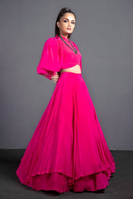 Buy Neha & Tarun Pink Net, Chanderi Silk Mandarin Collar Lehenga Set Online at Aza Fashions Buy_Neha & Tarun_Pink Net, Chanderi Silk Mandarin Collar Lehenga Set _Online_at_Aza_Fashions