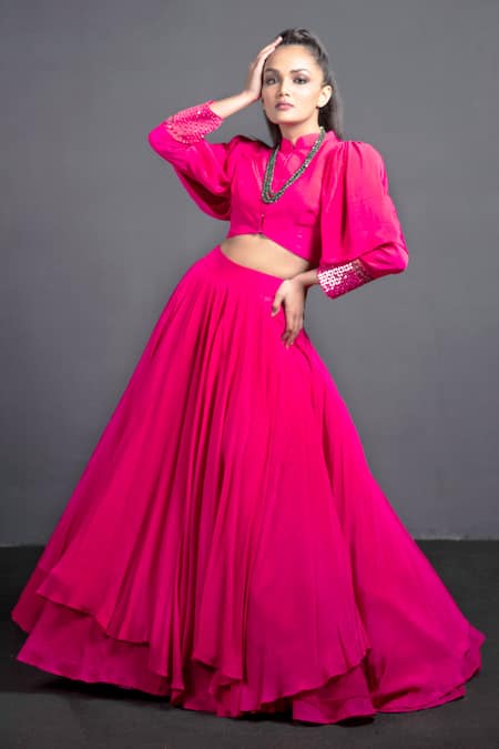 Neha & Tarun Pink Chanderi Silk Mandarin Collar Lehenga Set 