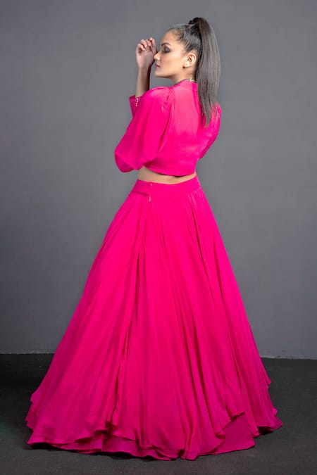 Shop Neha & Tarun Pink Net, Chanderi Silk Mandarin Collar Lehenga Set at Aza Fashions Shop_Neha & Tarun_Pink Net, Chanderi Silk Mandarin Collar Lehenga Set _at_Aza_Fashions