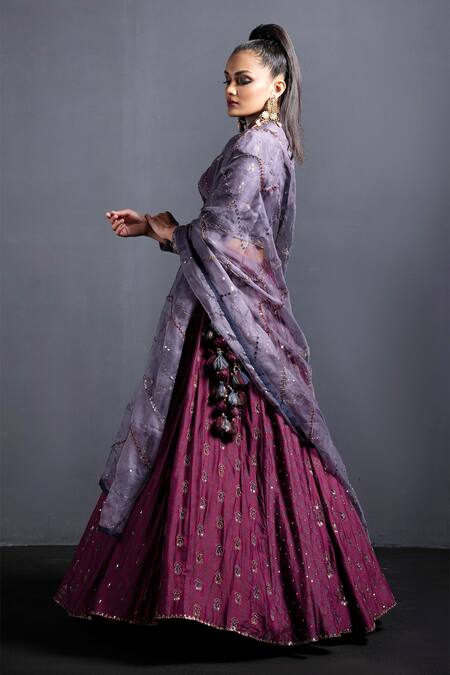 Shop Neha & Tarun Grey Blouse Natural Crepe, Dupatta Silk Organza, Lehenga Embroidered Set Online at Aza Fashions Shop_Neha & Tarun_Grey Blouse Natural Crepe, Dupatta Silk Organza, Lehenga Embroidered Set _Online_at_Aza_Fashions