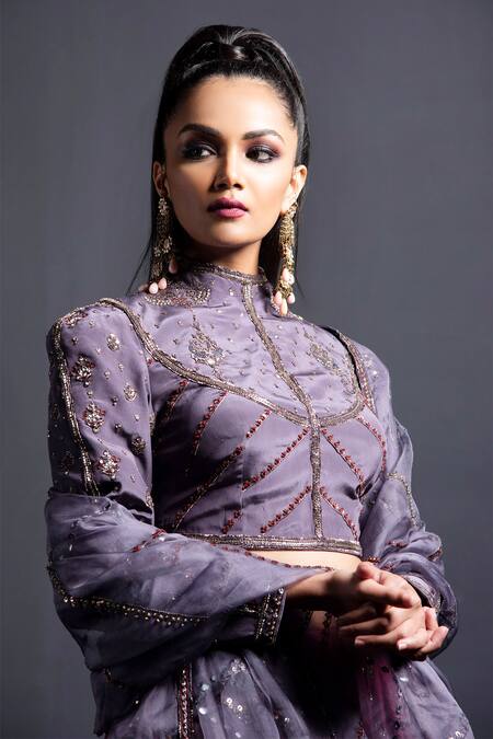 Neha & Tarun Grey Blouse Natural Crepe, Dupatta Silk Organza, Lehenga Embroidered Set at Aza Fashions Neha & Tarun_Grey Blouse Natural Crepe, Dupatta Silk Organza, Lehenga Embroidered Set _at_Aza_Fashions