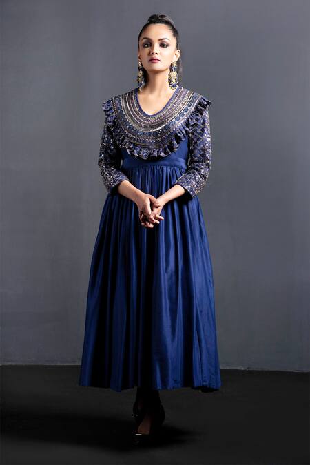 Neha & Tarun Blue Organza, Bemberg V Neck Embroidered Anarkali Set Online at Aza Fashions Neha & Tarun_Blue Organza, Bemberg V Neck Embroidered Anarkali Set _Online_at_Aza_Fashions
