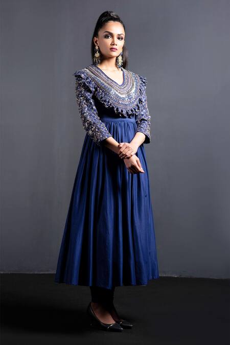 Buy Neha & Tarun Blue Organza, Bemberg V Neck Embroidered Anarkali Set Online at Aza Fashions Buy_Neha & Tarun_Blue Organza, Bemberg V Neck Embroidered Anarkali Set _Online_at_Aza_Fashions