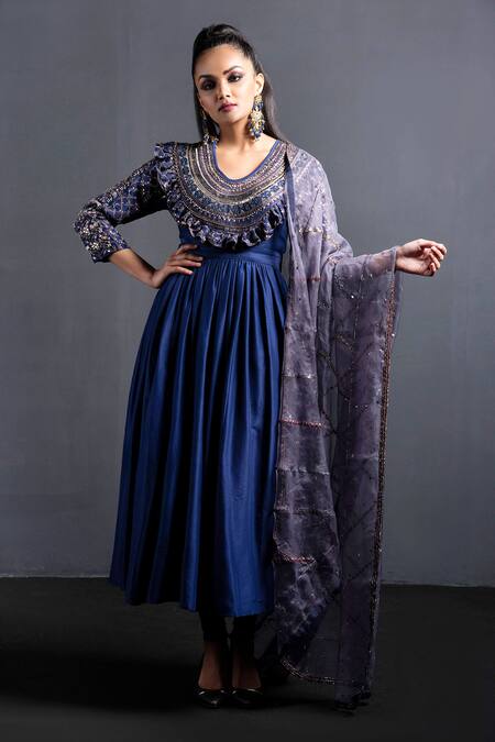 Shop Neha & Tarun Blue Organza, Bemberg V Neck Embroidered Anarkali Set Online at Aza Fashions Shop_Neha & Tarun_Blue Organza, Bemberg V Neck Embroidered Anarkali Set _Online_at_Aza_Fashions