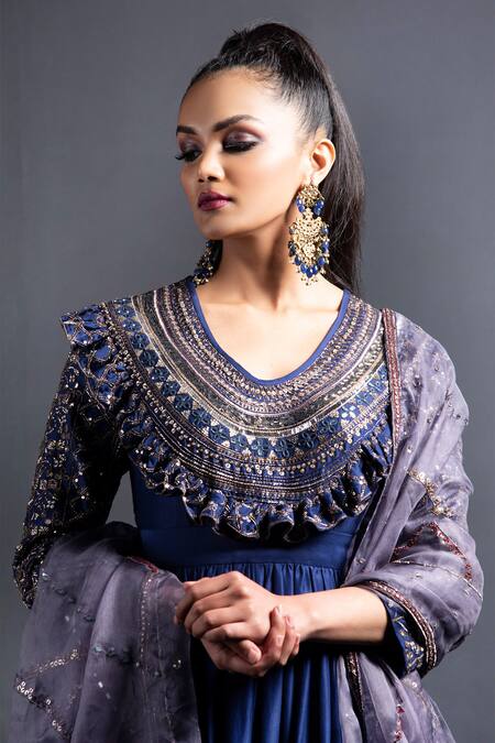Neha & Tarun Blue Organza, Bemberg V Neck Embroidered Anarkali Set at Aza Fashions Neha & Tarun_Blue Organza, Bemberg V Neck Embroidered Anarkali Set _at_Aza_Fashions
