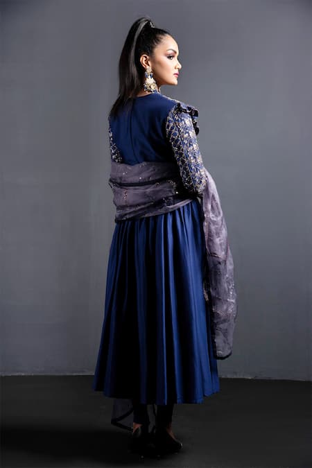 Shop Neha & Tarun Blue Organza, Bemberg V Neck Embroidered Anarkali Set at Aza Fashions Shop_Neha & Tarun_Blue Organza, Bemberg V Neck Embroidered Anarkali Set _at_Aza_Fashions