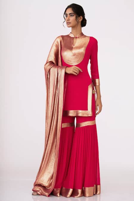 Nakul Sen_Gold Chiffon Mandarin Collar Sequin Embroidered Kurta Set_Online_at_Aza_Fashions