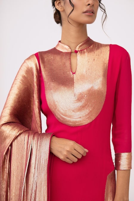 Shop_Nakul Sen_Gold Chiffon Mandarin Collar Sequin Embroidered Kurta Set_Online_at_Aza_Fashions