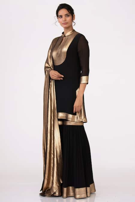 Nakul Sen_Black Chiffon Mandarin Collar Sequin Embroidered Kurta Set_Online_at_Aza_Fashions