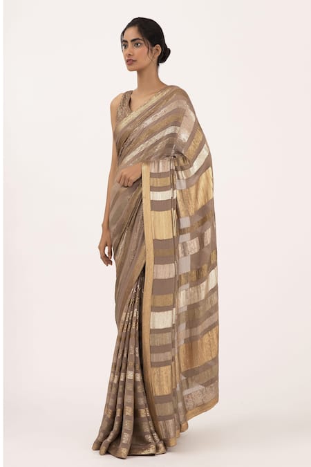 Buy_Nakul Sen_Brown Chiffon Sequin V Neck Striped Saree Set_Online_at_Aza_Fashions