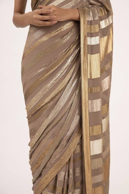 Shop_Nakul Sen_Brown Chiffon Sequin V Neck Striped Saree Set_Online_at_Aza_Fashions