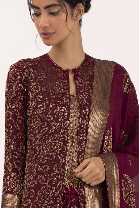Nakul Sen_Wine Chiffon Embroidery, Cut Work Keyhole Neck Cutdana Jacket Palazzo Set_Online_at_Aza_Fashions