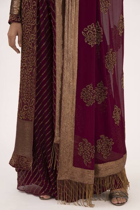 Buy_Nakul Sen_Wine Chiffon Embroidery, Cut Work Keyhole Neck Cutdana Jacket Palazzo Set_Online_at_Aza_Fashions