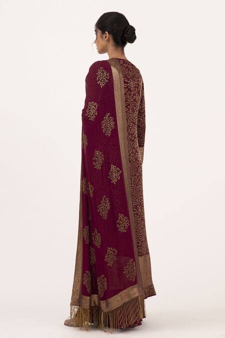 Shop_Nakul Sen_Wine Chiffon Embroidery, Cut Work Keyhole Neck Cutdana Jacket Palazzo Set_Online_at_Aza_Fashions