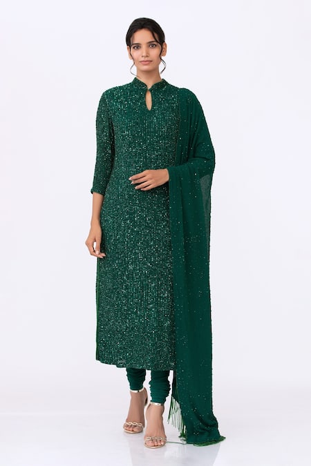 Nakul Sen Green Chiffon Embroidery Mandarin Collar Sequin Kurta Set  