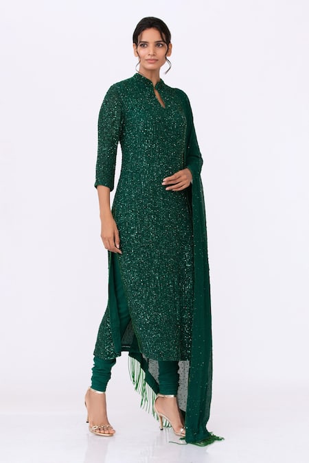 Nakul Sen_Green Chiffon Mandarin Collar Sequin Embroidered Kurta Set_Online_at_Aza_Fashions