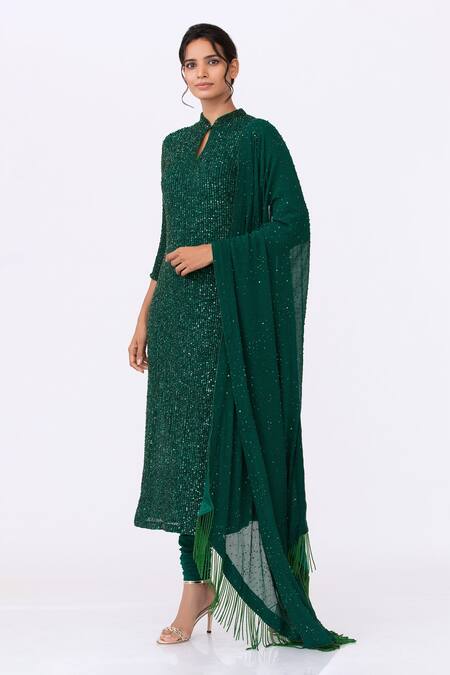Buy_Nakul Sen_Green Chiffon Mandarin Collar Sequin Embroidered Kurta Set_Online_at_Aza_Fashions