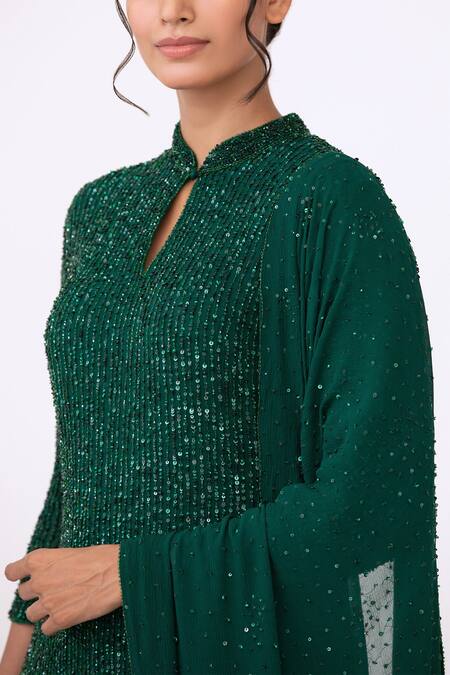 Shop_Nakul Sen_Green Chiffon Mandarin Collar Sequin Embroidered Kurta Set_Online_at_Aza_Fashions