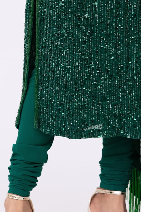 Nakul Sen_Green Chiffon Mandarin Collar Sequin Embroidered Kurta Set_at_Aza_Fashions