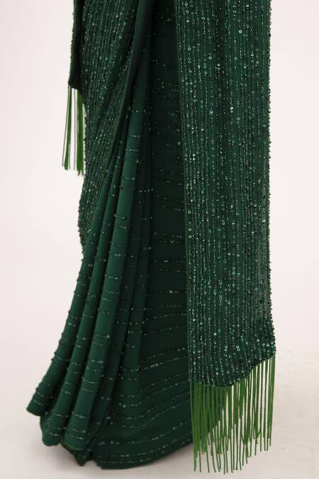 Shop_Nakul Sen_Green Chiffon Sequin V Neck Embroidered Saree Set _Online_at_Aza_Fashions
