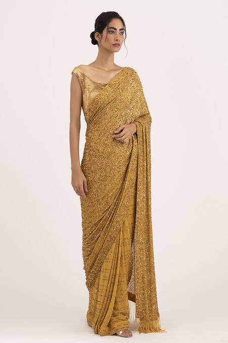 Nakul Sen Gold Chiffon Sequin Scoop Neck Embroidered Saree Set Online at Aza Fashions Nakul Sen_Gold Chiffon Sequin Scoop Neck Embroidered Saree Set _Online_at_Aza_Fashions