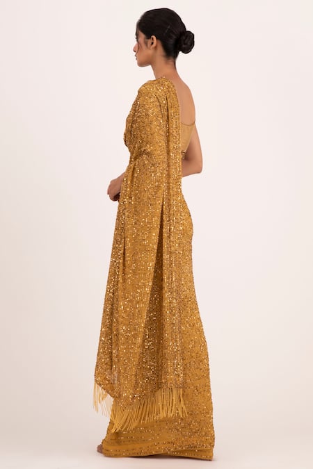 Buy Nakul Sen Gold Chiffon Sequin Scoop Neck Embroidered Saree Set Online at Aza Fashions Buy_Nakul Sen_Gold Chiffon Sequin Scoop Neck Embroidered Saree Set _Online_at_Aza_Fashions