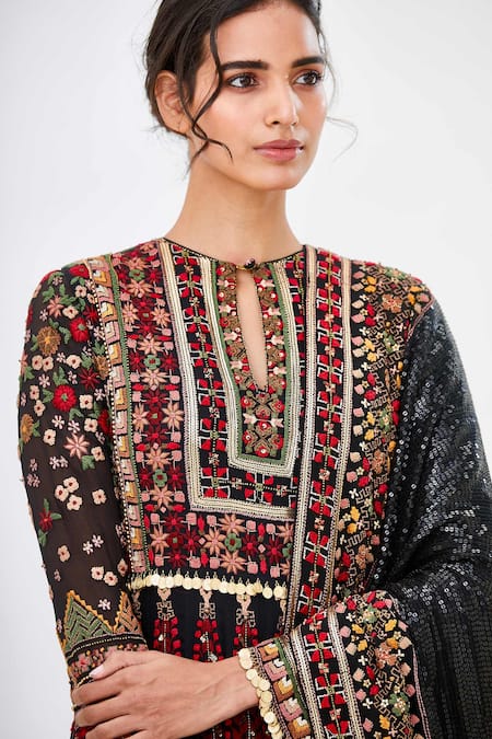 Buy_Nakul Sen_Black Chiffon Round Embroidered Anarkali And Skirt Set_Online_at_Aza_Fashions