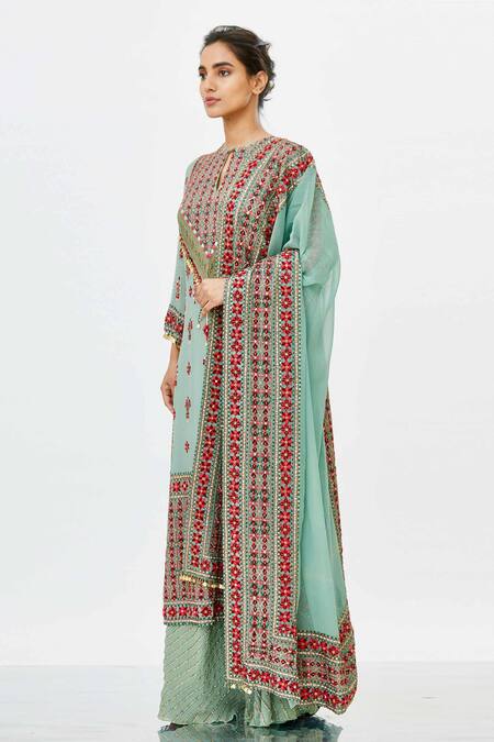 Nakul Sen_Green Chiffon Round Embroidered Kurta Set_Online_at_Aza_Fashions
