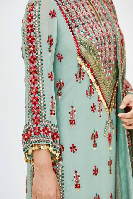 Shop_Nakul Sen_Green Chiffon Round Embroidered Kurta Set_Online_at_Aza_Fashions
