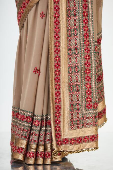 Buy_Nakul Sen_Brown Chiffon V Neck Embroidered Saree With Blouse_Online_at_Aza_Fashions