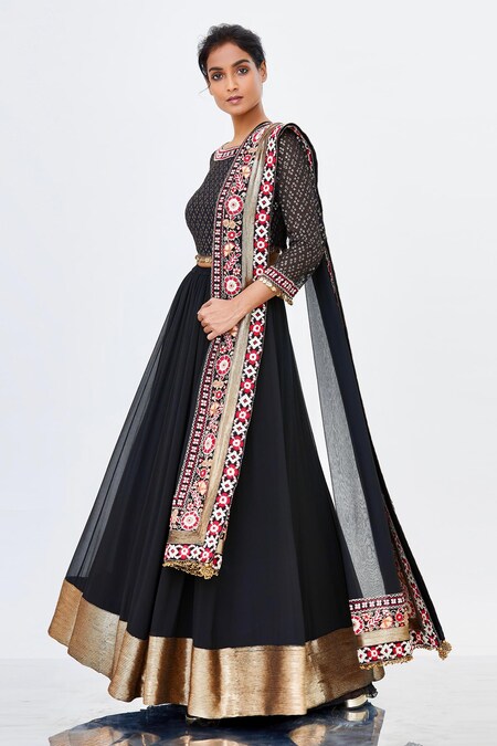 Buy Black Chiffon Round Embroidered Lehenga Set For Women by Nakul Sen ...