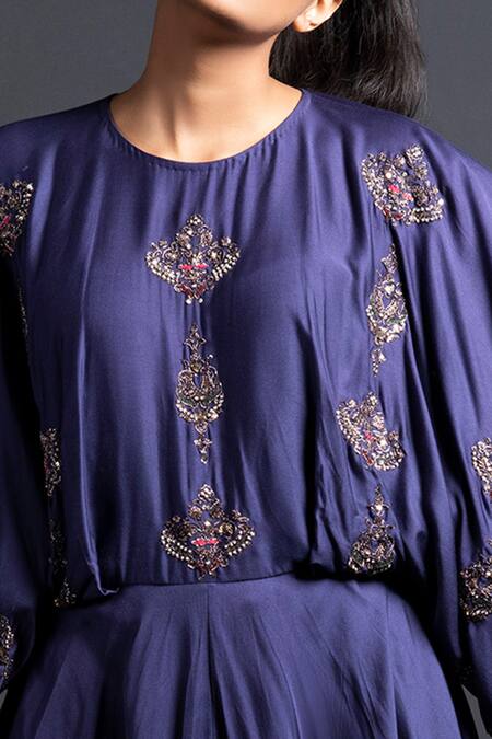 Neha & Tarun Blue Anarkali And Pant Modal Satin Cotton, Dupatta Organza Embroidered Set at Aza Fashions Neha & Tarun_Blue Anarkali And Pant Modal Satin Cotton, Dupatta Organza Embroidered Set _at_Aza_Fashions