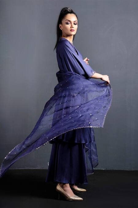 Shop Neha & Tarun Blue Anarkali And Pant Modal Satin Cotton, Dupatta Organza Embroidered Set Online at Aza Fashions Shop_Neha & Tarun_Blue Anarkali And Pant Modal Satin Cotton, Dupatta Organza Embroidered Set _Online_at_Aza_Fashions