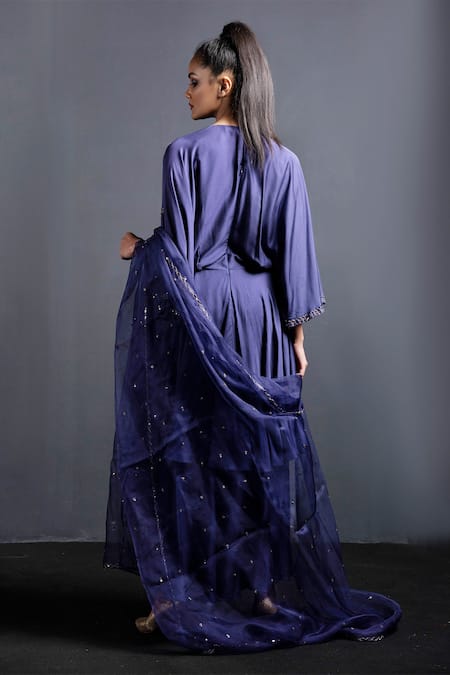 Shop Neha & Tarun Blue Anarkali And Pant Modal Satin Cotton, Dupatta Organza Embroidered Set at Aza Fashions Shop_Neha & Tarun_Blue Anarkali And Pant Modal Satin Cotton, Dupatta Organza Embroidered Set _at_Aza_Fashions