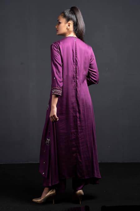Shop Neha & Tarun Purple Modal Satin Cotton Round Embroidered Kurta And Pant Set at Aza Fashions Shop_Neha & Tarun_Purple Modal Satin Cotton Round Embroidered Kurta And Pant Set _at_Aza_Fashions